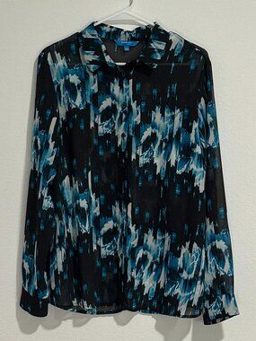 Derek Lam for DesignNation Sheer Ikat Floral Button-Front Blouse, Size L